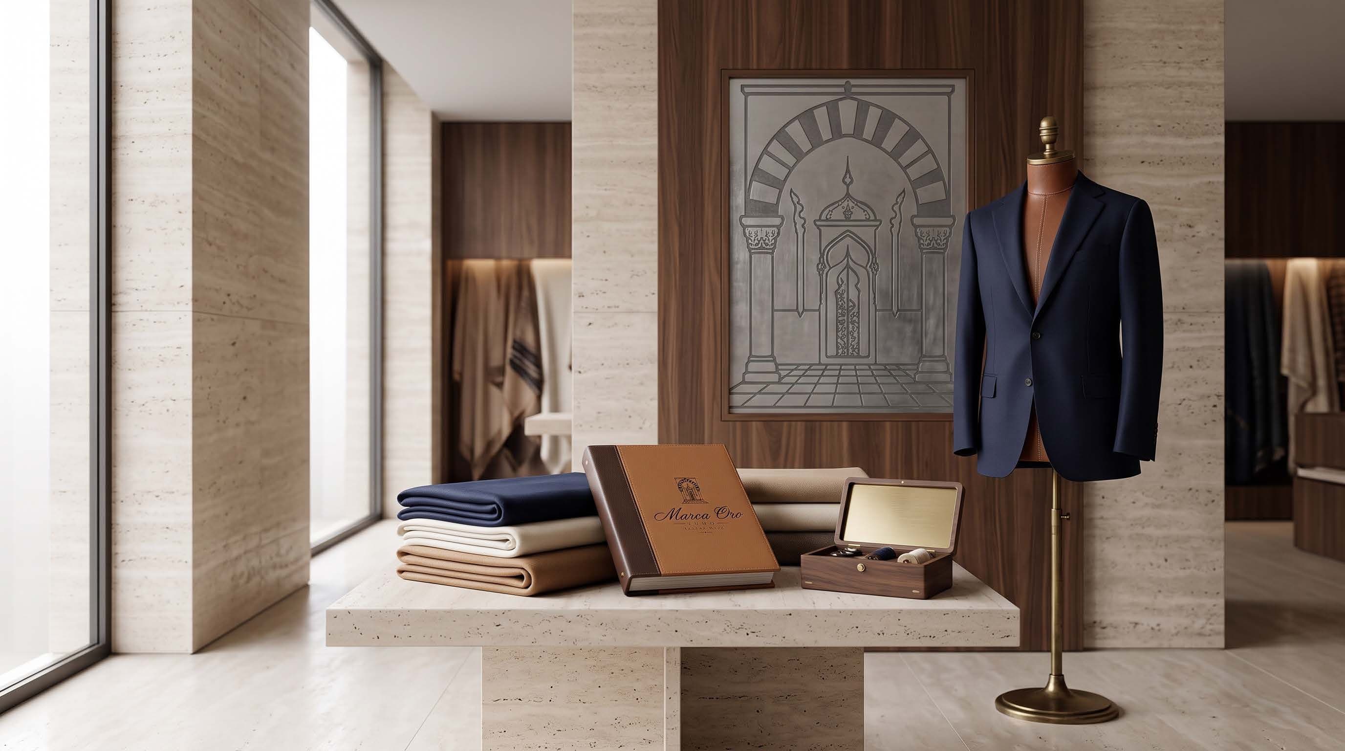 A navy jacket on a tailor’s form in the Marca Oro fitting room