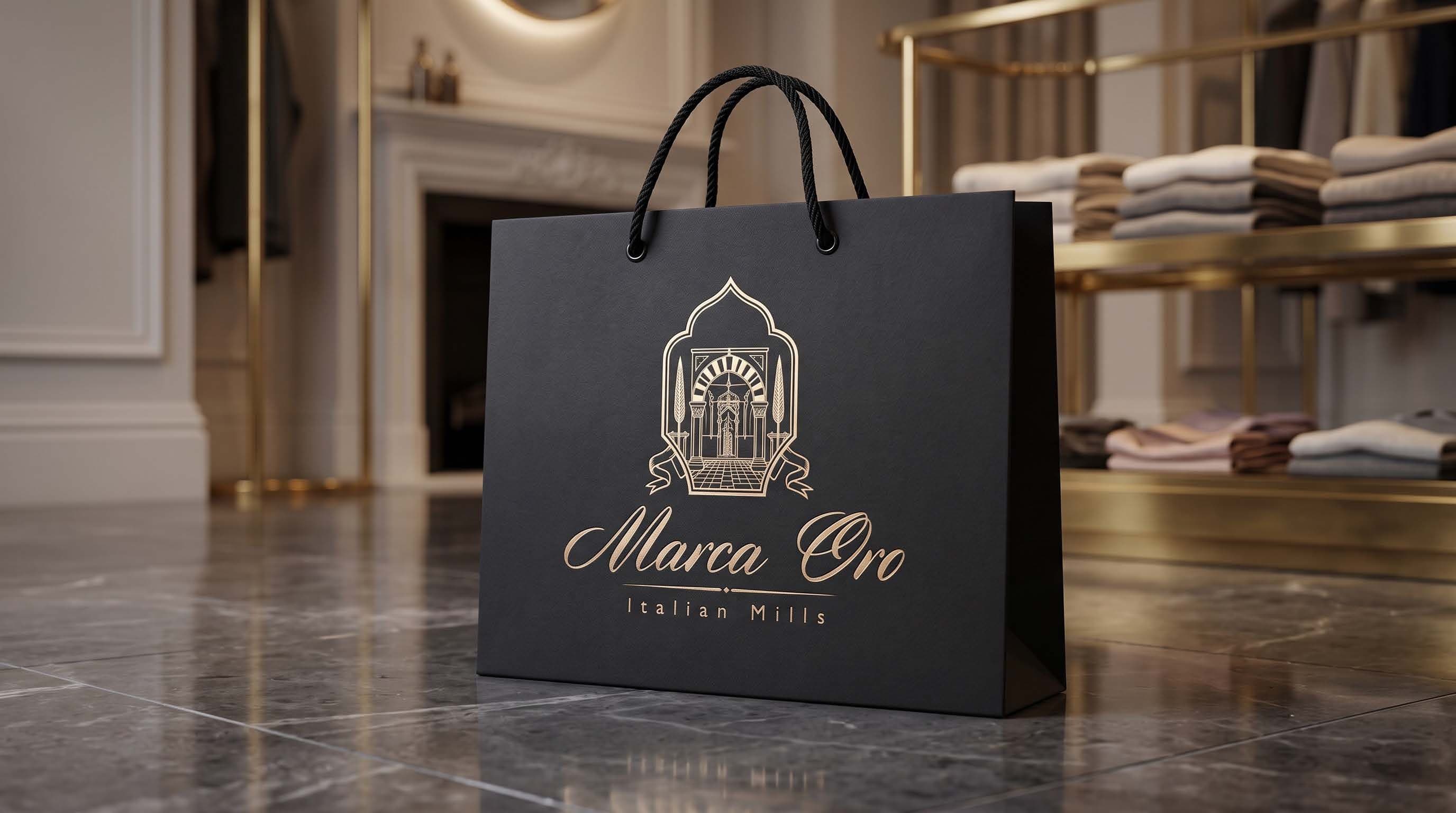 A black Marca Oro shopping bag in an elegant boutique